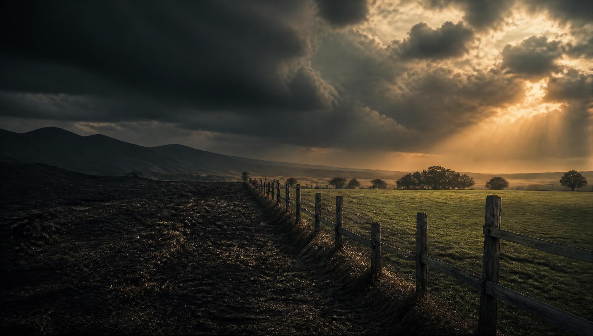A weathered fence dividing storm-darkened ground from sunlit pasture